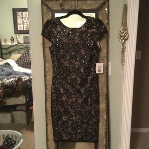 Calvin Klein cowl back black lace dress